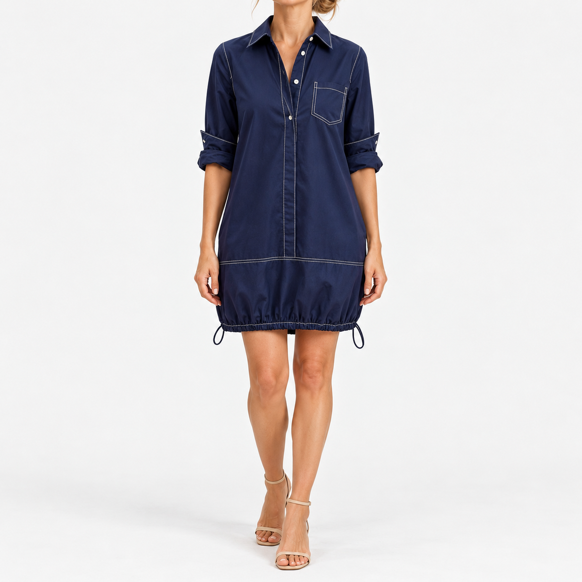 Florette Relaxed Fit Drawcord Dress — Navy Blue | Emory & Blanc