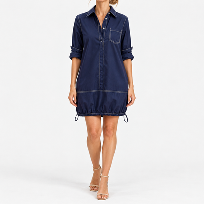 Florette Relaxed Fit Drawcord Dress — Navy Blue | Emory & Blanc
