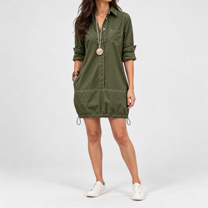 Florette Relaxed Fit Drawcord Dress — Olive Green | Emory & Blanc