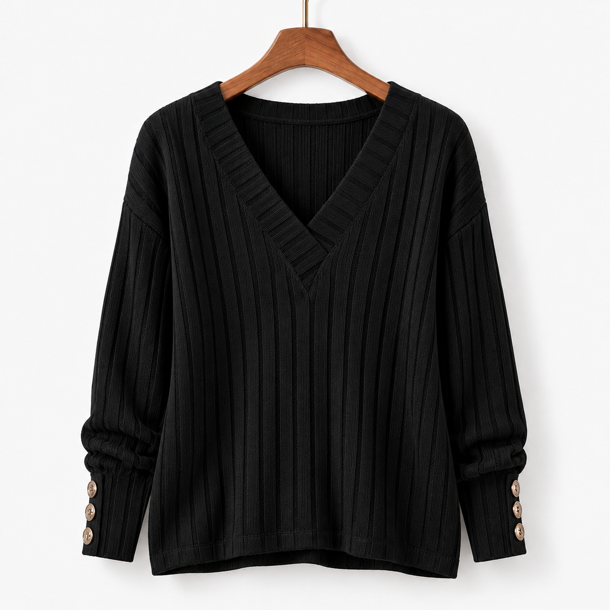 Francesca Relaxed Fit V-Neck Sweater, Button Cuffs | Emory & Blanc