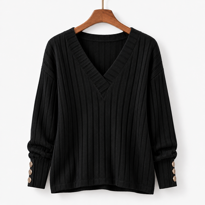 Francesca Relaxed Fit V-Neck Sweater, Button Cuffs | Emory & Blanc