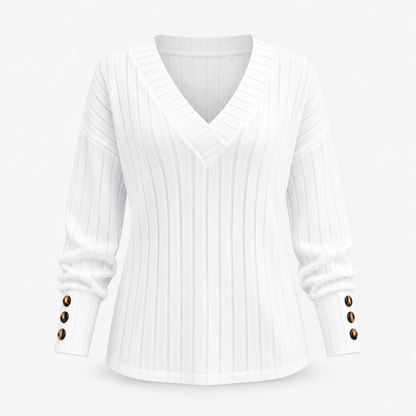 Francesca Relaxed Fit V-Neck Sweater, Button Cuffs | Emory & Blanc