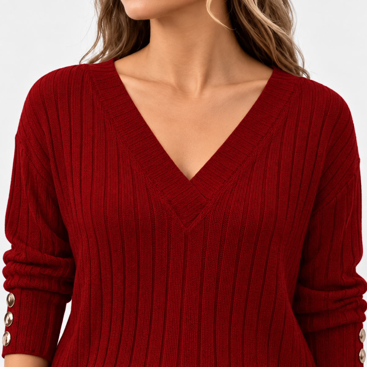 Francesca Relaxed Fit V-Neck Sweater, Button Cuffs | Emory & Blanc