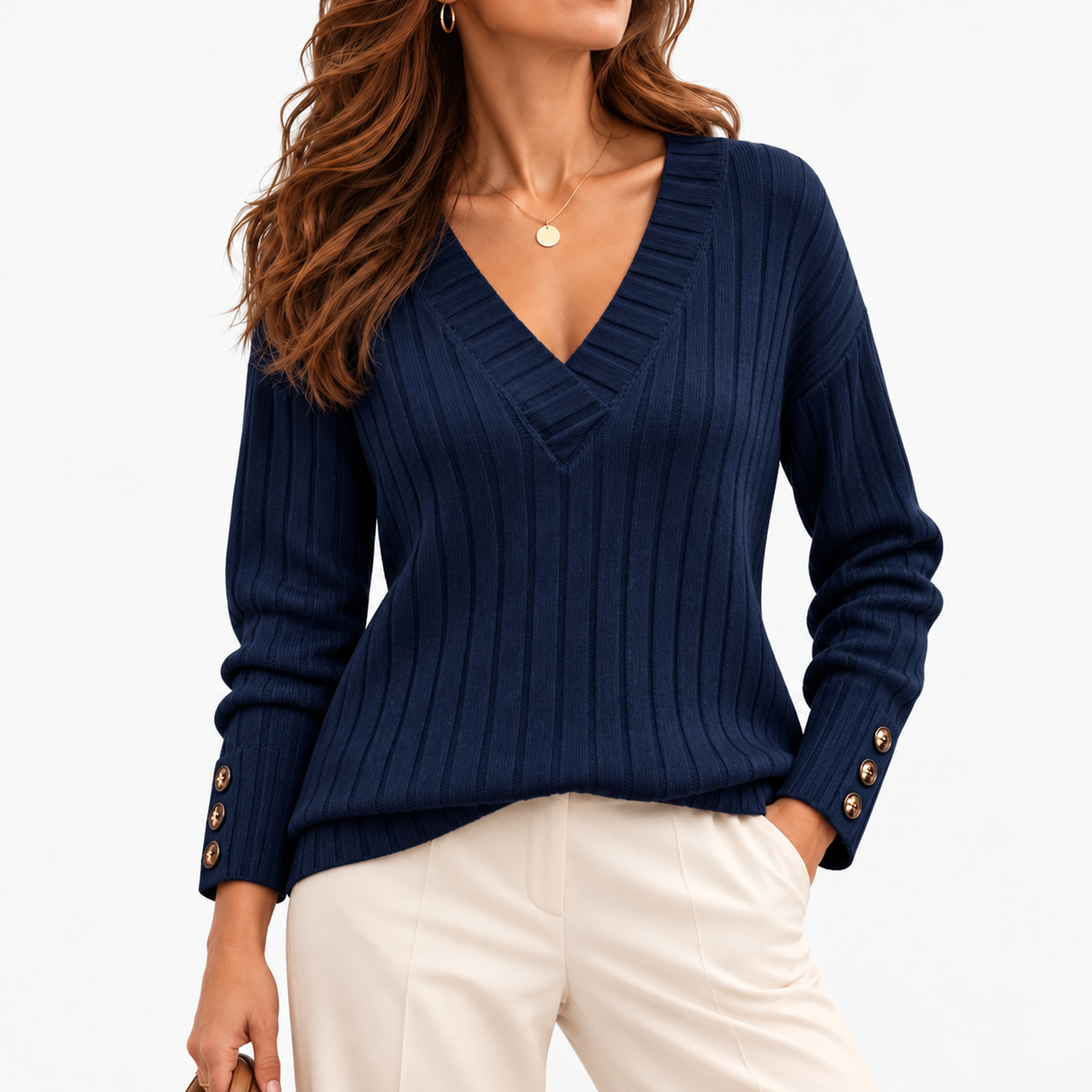 Francesca Relaxed Fit V-Neck Sweater, Button Cuffs — Navy | Emory & Blanc