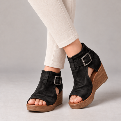 Gemma Soft Wedge Sandals, Ankle Strap — Black | Emory & Blanc