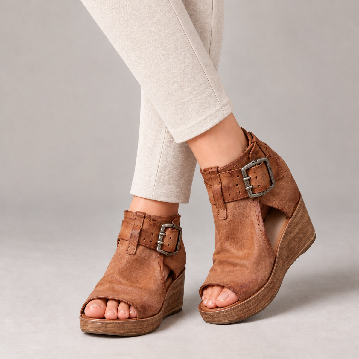 Gemma Soft Wedge Sandals, Ankle Strap — Brown | Emory & Blanc