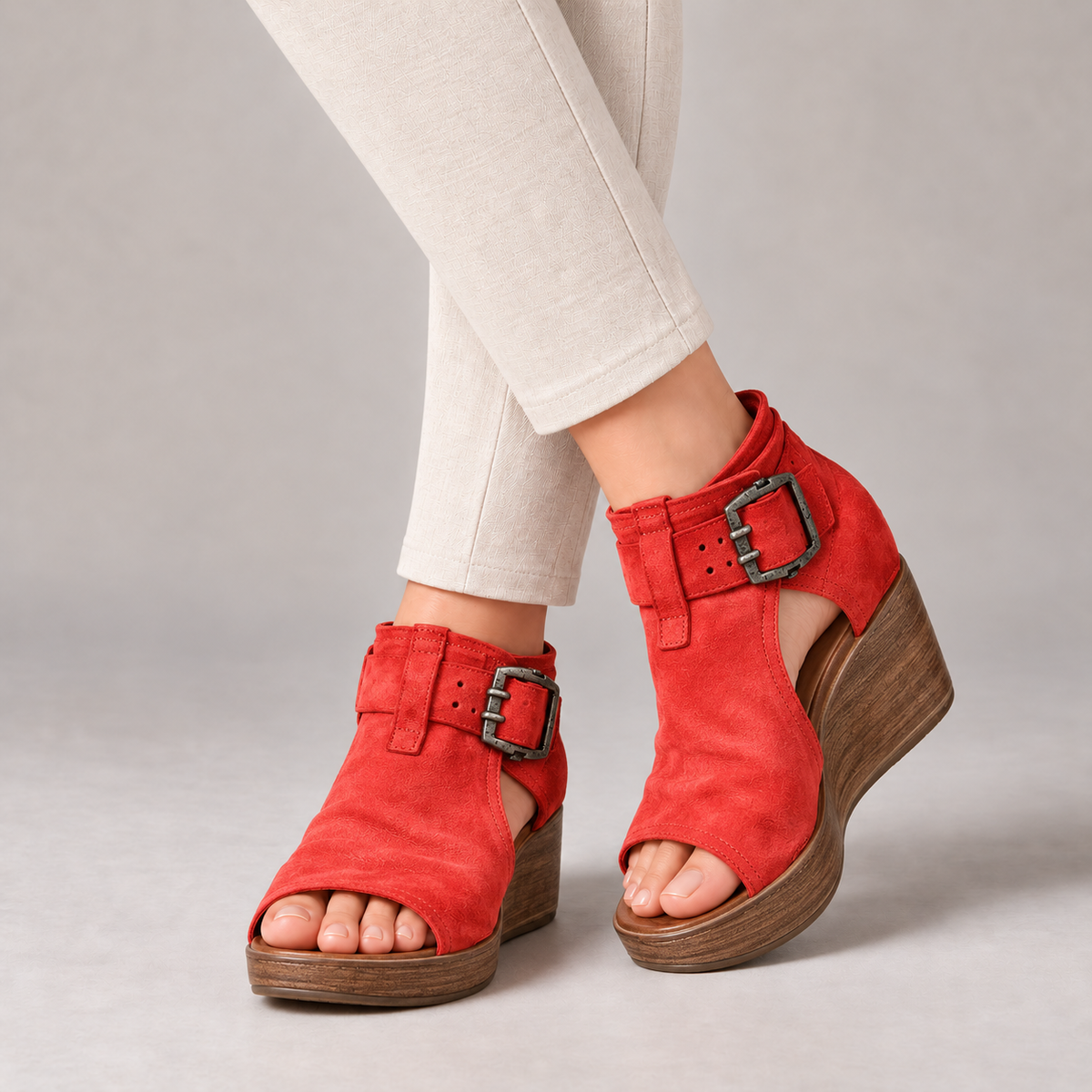 Gemma Soft Wedge Sandals, Ankle Strap — Red | Emory & Blanc