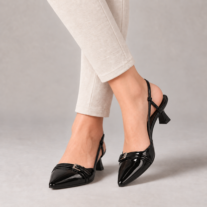 Genevieve Buckle Slingback Low Heels — Black | Emory & Blanc