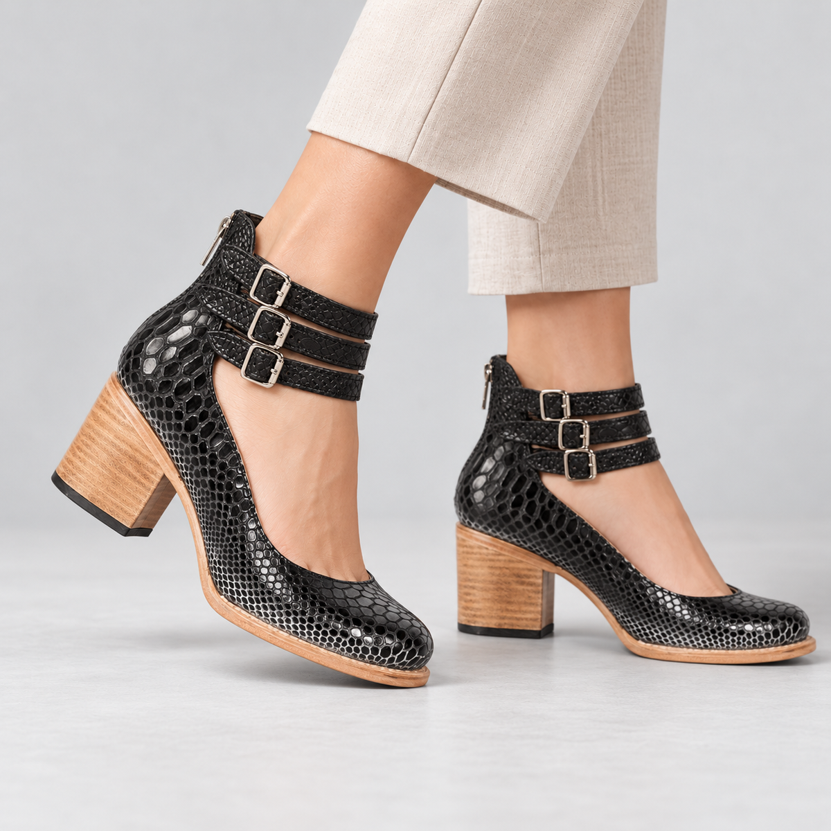 Gillian Comfort Croc-Embossed Ankle Strap Heels | Emory & Blanc