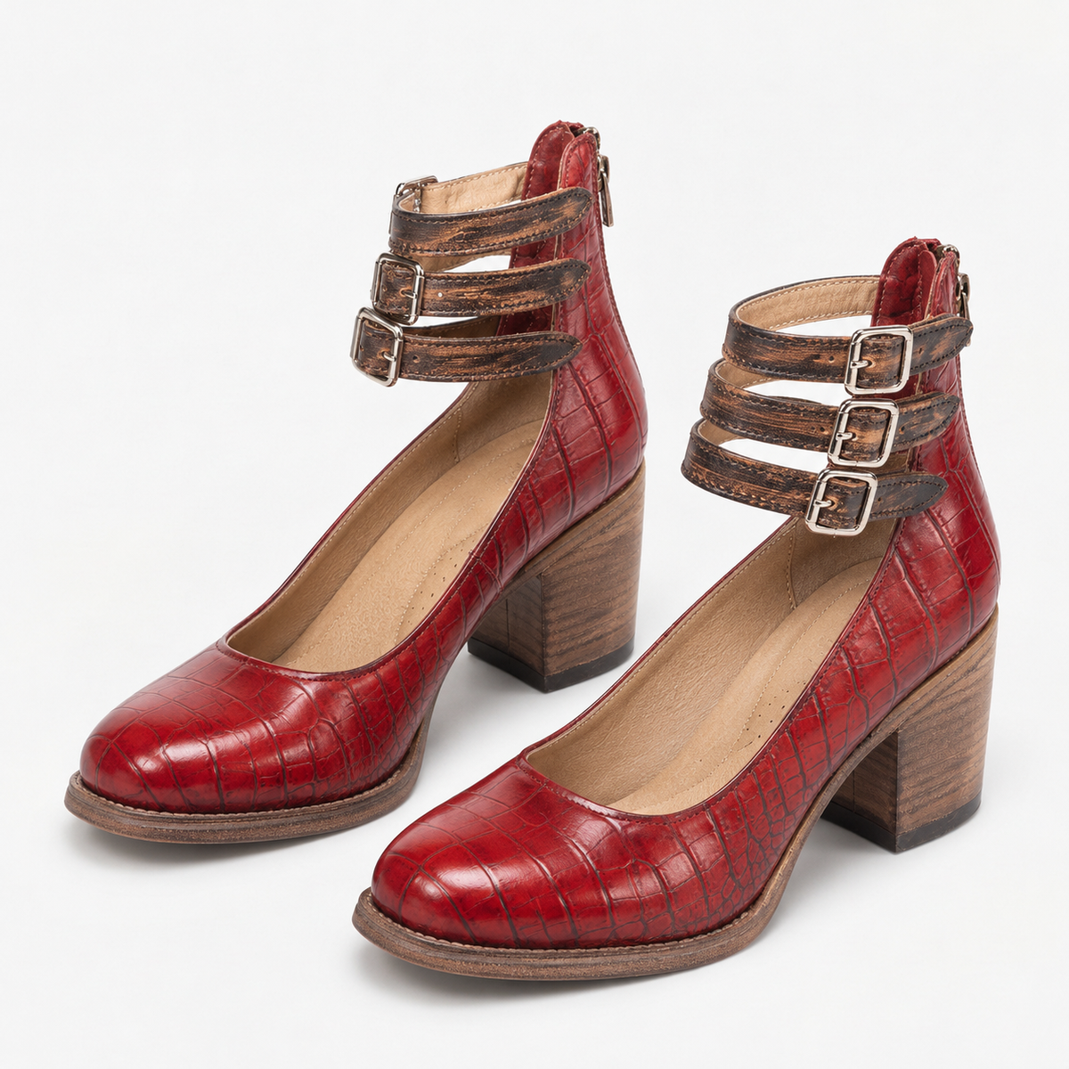 Gillian Comfort Croc-Embossed Ankle Strap Heels | Emory & Blanc