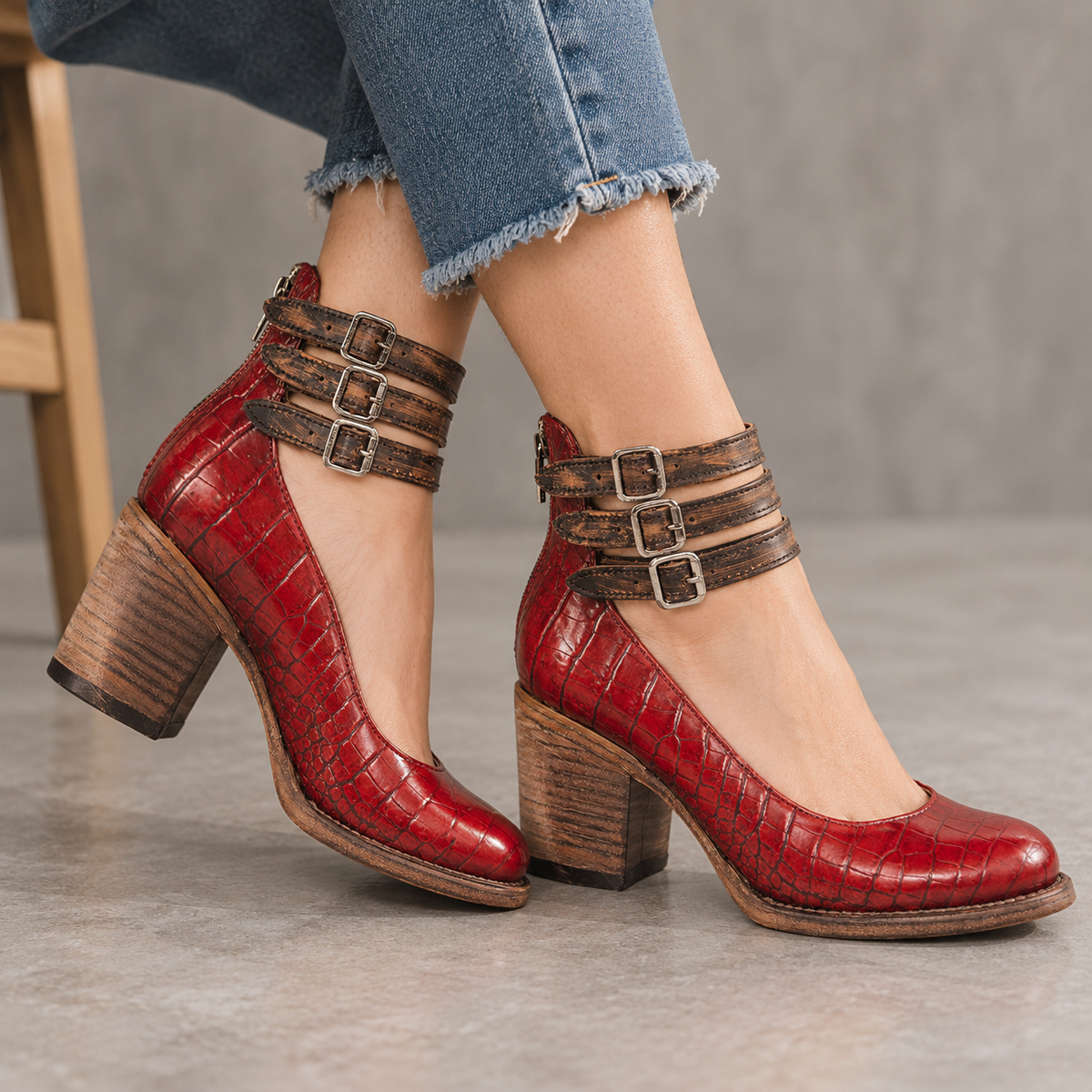 Gillian Comfort Croc-Embossed Ankle Strap Heels | Emory & Blanc