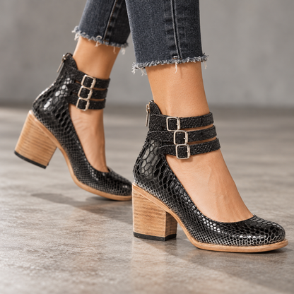Gillian Comfort Croc-Embossed Ankle Strap Heels | Emory & Blanc