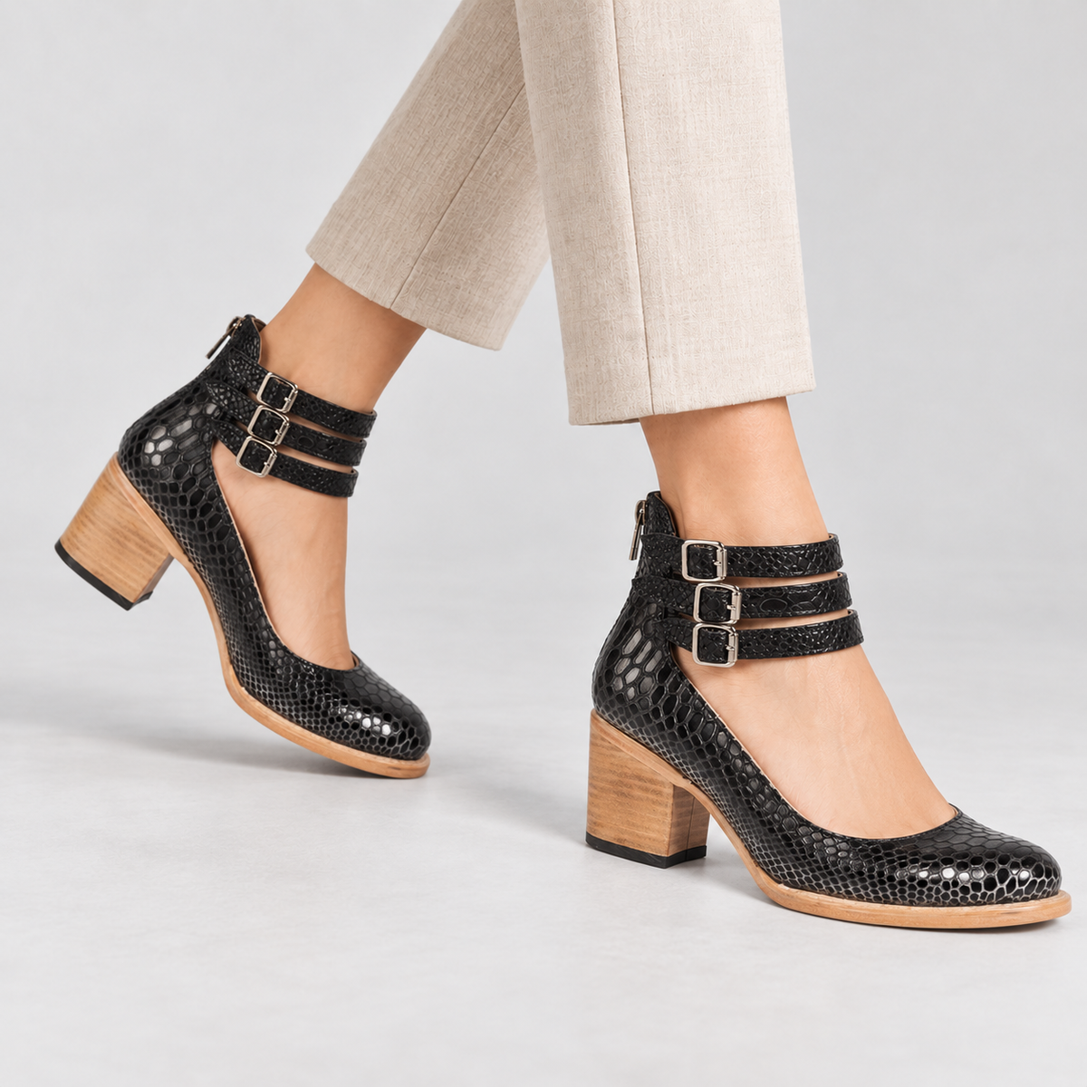 Gillian Comfort Croc-Embossed Ankle Strap Heels | Emory & Blanc