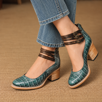 Gillian Comfort Croc-Embossed Ankle Strap Heels | Emory & Blanc