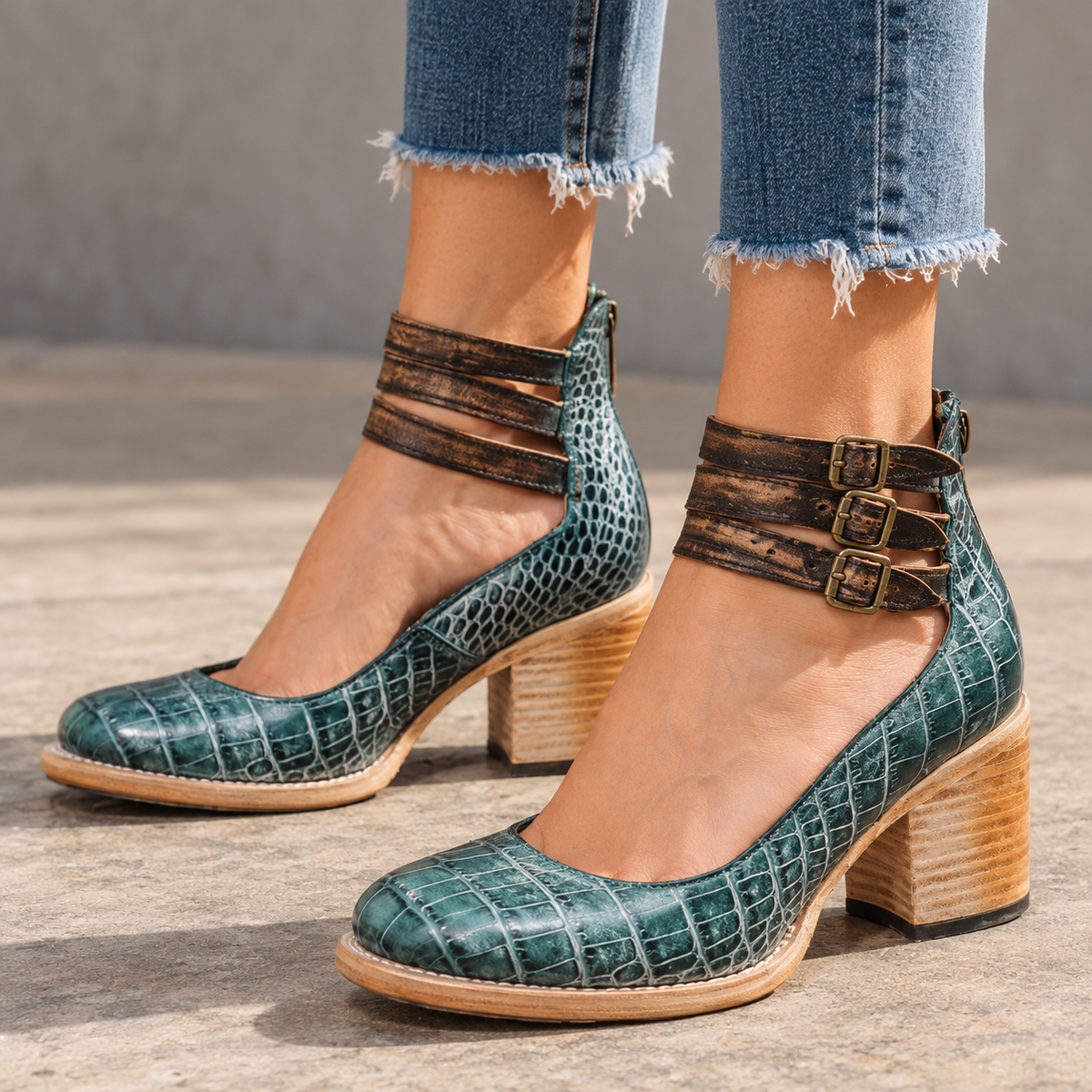 Gillian Comfort Croc-Embossed Ankle Strap Heels | Emory & Blanc