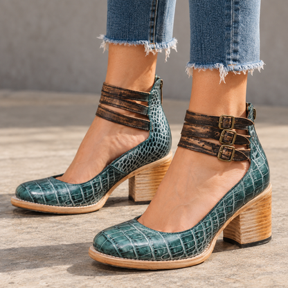 Gillian Comfort Croc-Embossed Ankle Strap Heels | Emory & Blanc