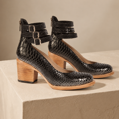 Gillian Comfort Croc-Embossed Ankle Strap Heels | Emory & Blanc