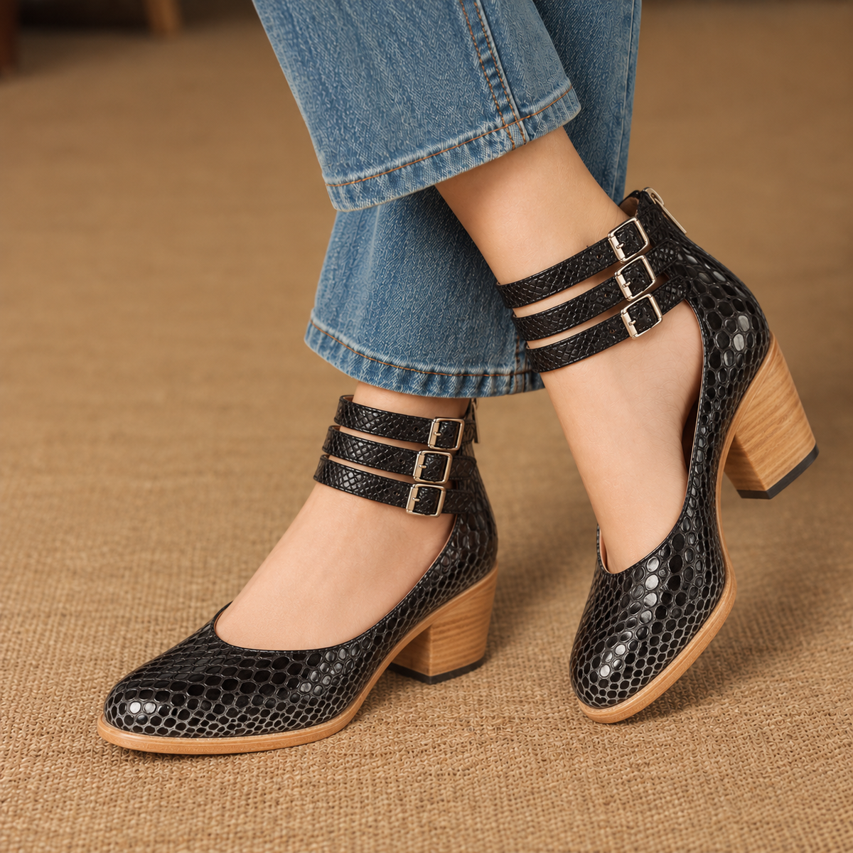 Gillian Comfort Croc-Embossed Ankle Strap Heels | Emory & Blanc