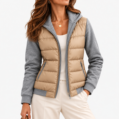 Gwyneth Stretch Hooded Puffer Jacket — Beige | Emory & Blanc