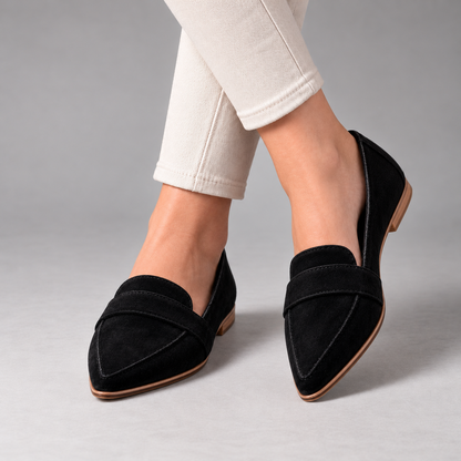 Honora Easy Slip-On Penny Loafers, Pointed Toe — Black | Emory & Blanc