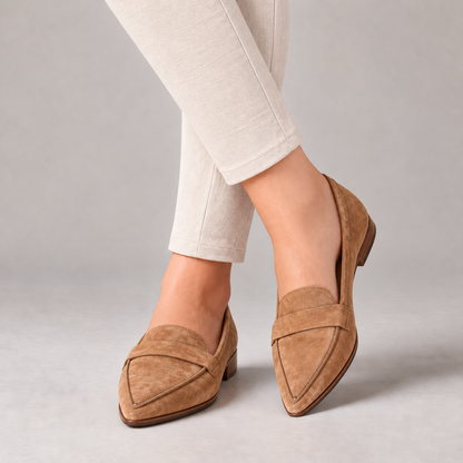 Honora Easy Slip-On Penny Loafers, Pointed Toe — Khaki | Emory & Blanc