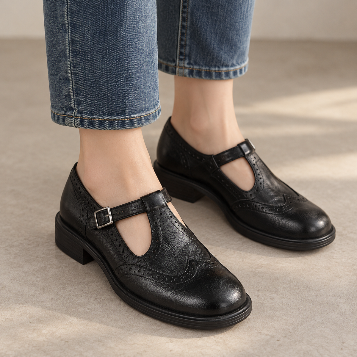 Imogen Adjustable Wingtip T-Bar Shoes | Emory & Blanc