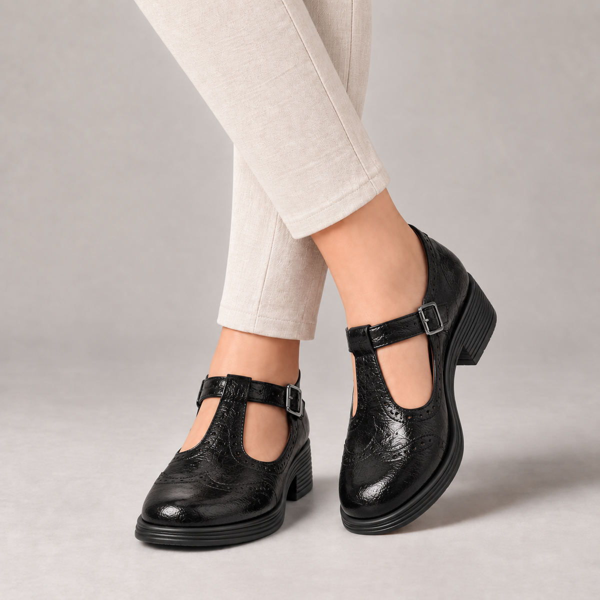 Imogen Adjustable Wingtip T-Bar Shoes — Black | Emory & Blanc