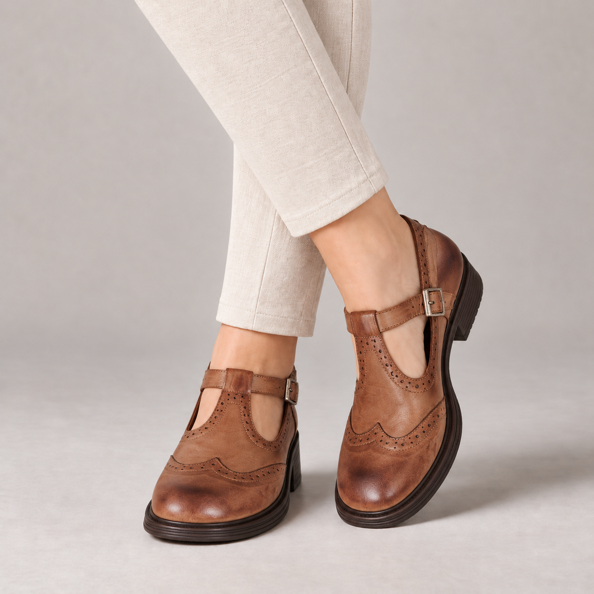 Imogen Adjustable Wingtip T-Bar Shoes — Brown | Emory & Blanc