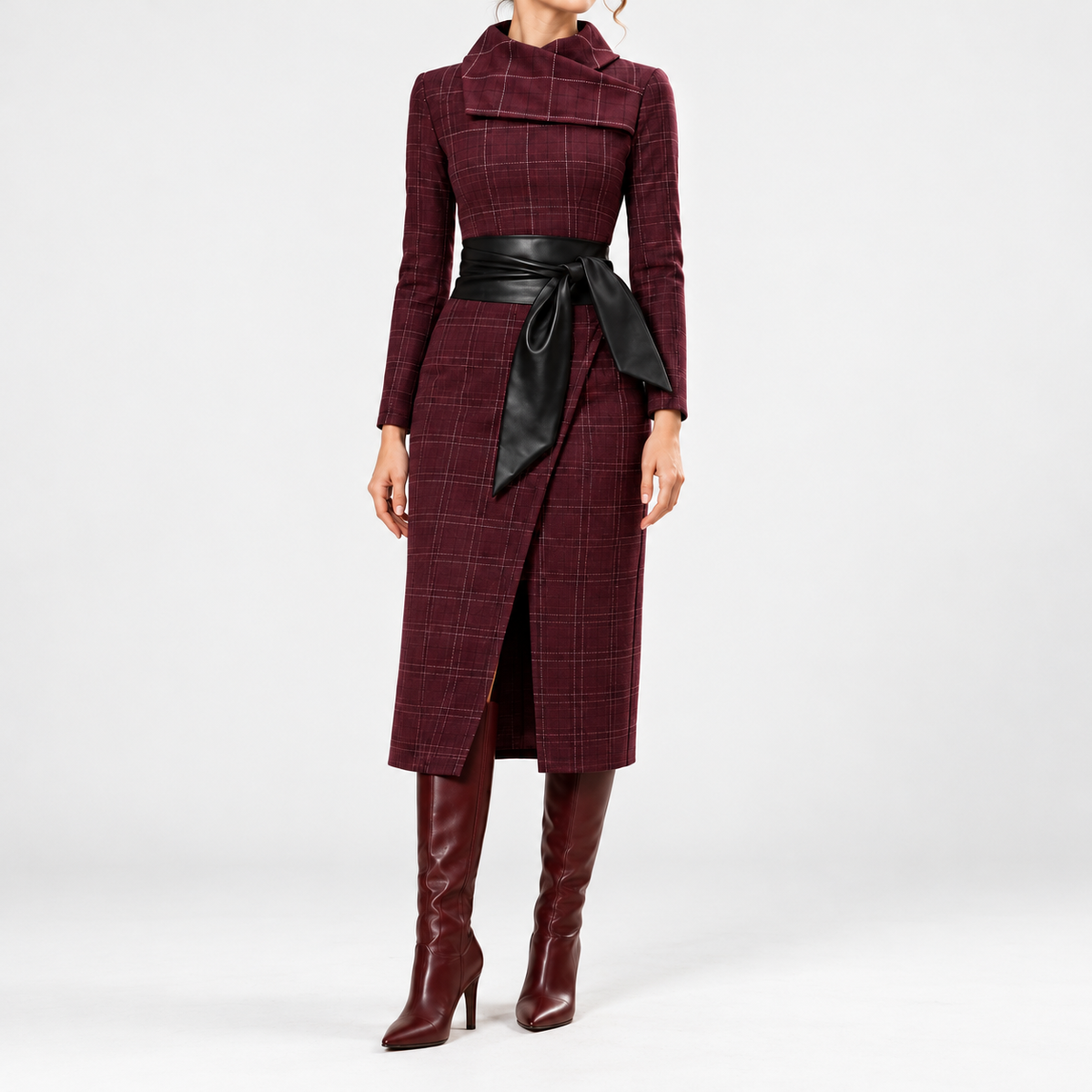 Isabeau Soft Belted Wrap Midi Dress — Burgundy | Emory & Blanc