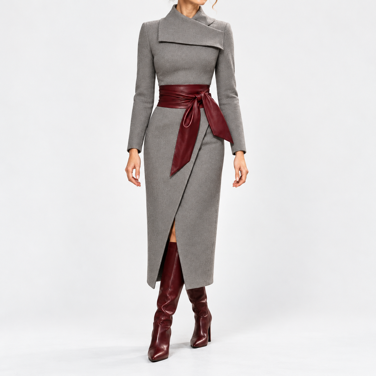 Isabeau Soft Belted Wrap Midi Dress — Grey | Emory & Blanc