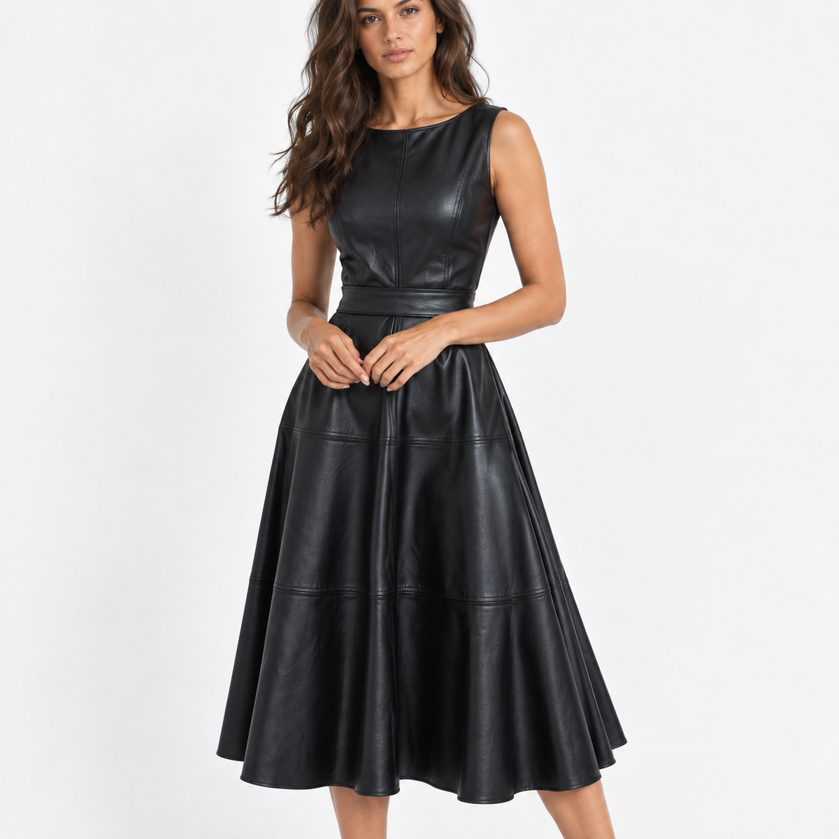 Isabel Defined-Waist Sleeveless Midi Dress — Black | Emory & Blanc