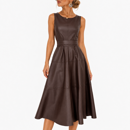 Isabel Defined-Waist Sleeveless Midi Dress — Coffee | Emory & Blanc