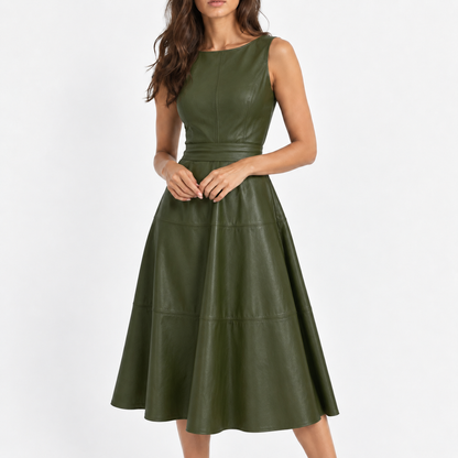 Isabel Defined-Waist Sleeveless Midi Dress — Green | Emory & Blanc