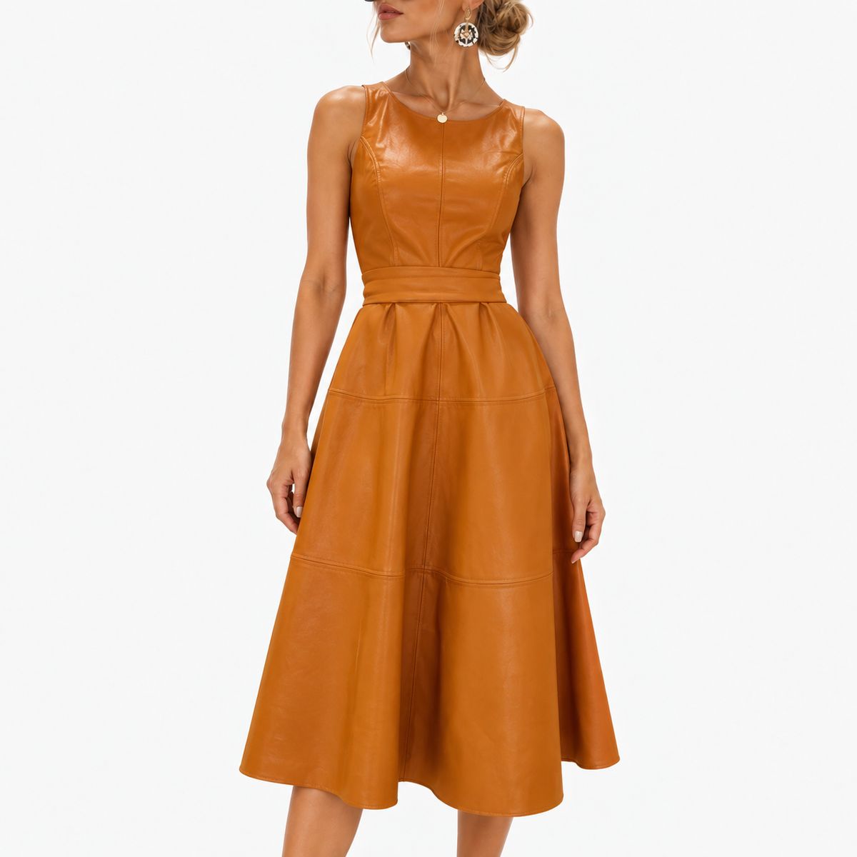 Isabel Defined-Waist Sleeveless Midi Dress — Orange | Emory & Blanc