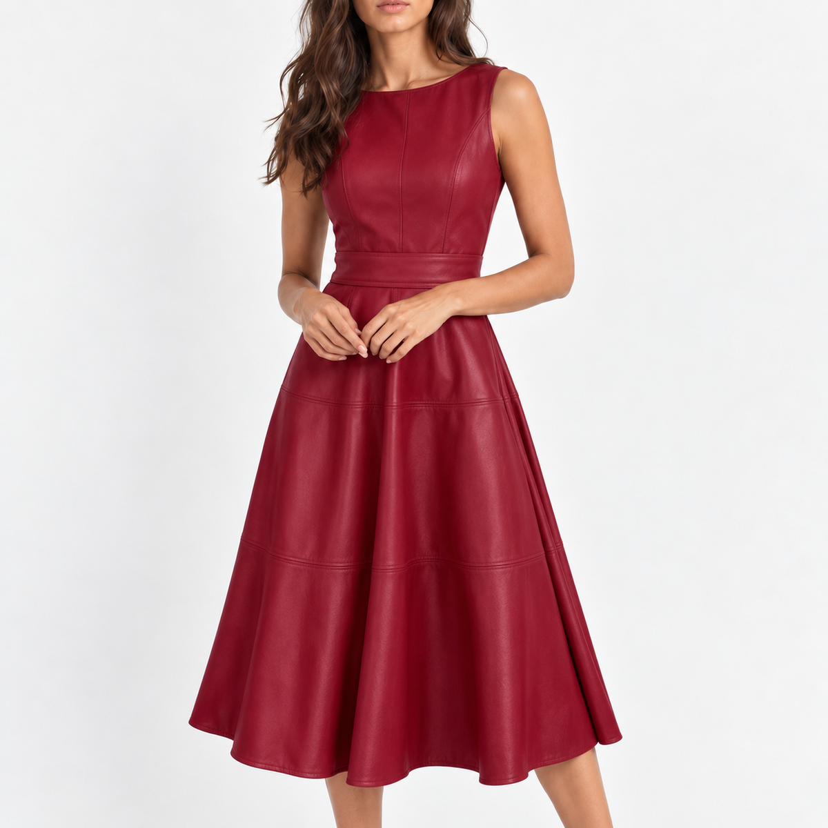 Isabel Defined-Waist Sleeveless Midi Dress — Red | Emory & Blanc