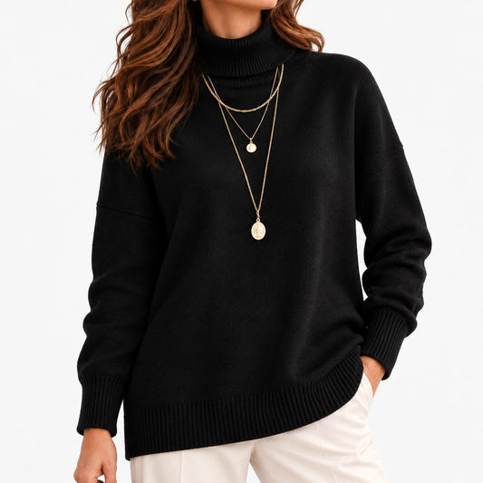 Isaline Soft Roll-Neck Sweater, Relaxed Fit — Black | Emory & Blanc