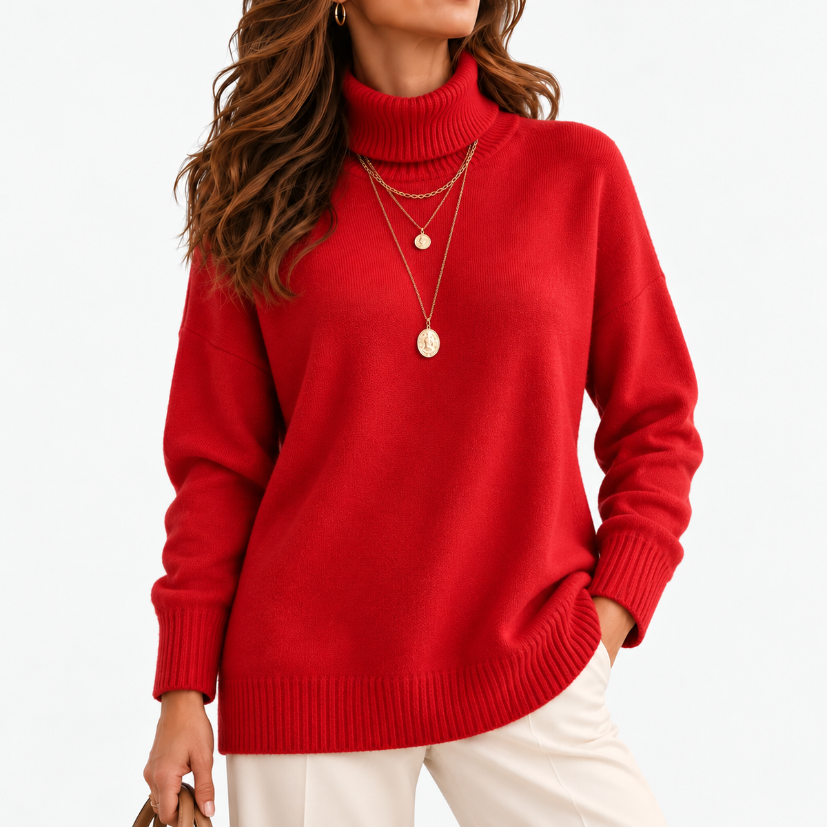 Isaline Soft Roll-Neck Sweater, Relaxed Fit — Red | Emory & Blanc