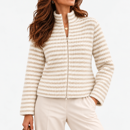 Jocelyn Relaxed Fit Striped Zip Cardigan — Apricot | Emory & Blanc
