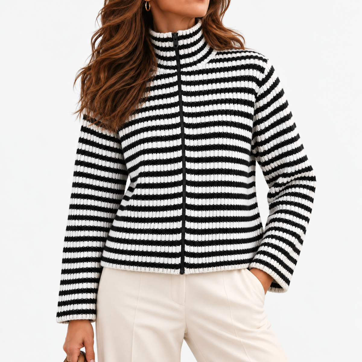 Jocelyn Relaxed Fit Striped Zip Cardigan — Black | Emory & Blanc