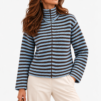 Jocelyn Relaxed Fit Striped Zip Cardigan — Blue | Emory & Blanc