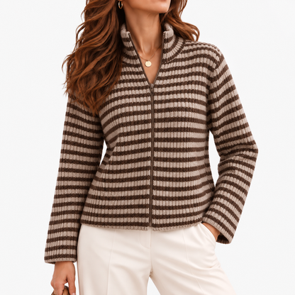 Jocelyn Relaxed Fit Striped Zip Cardigan — Coffee | Emory & Blanc
