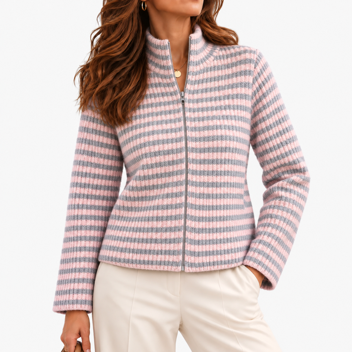Jocelyn Relaxed Fit Striped Zip Cardigan — Pink | Emory & Blanc