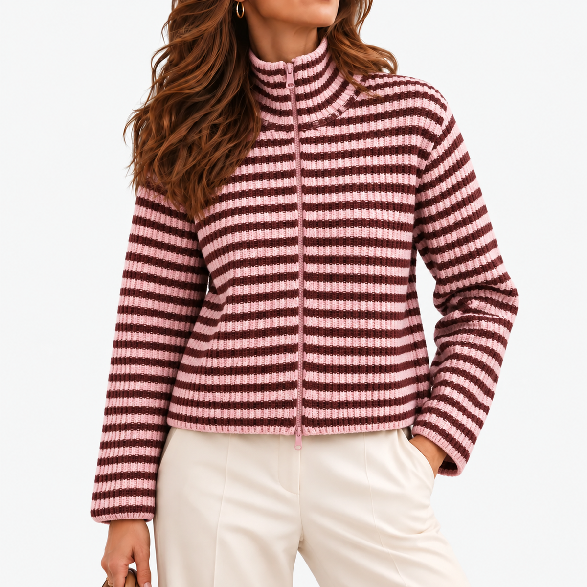 Jocelyn Relaxed Fit Striped Zip Cardigan — Pink / Coffee | Emory & Blanc