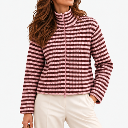 Jocelyn Relaxed Fit Striped Zip Cardigan — Pink / Coffee | Emory & Blanc