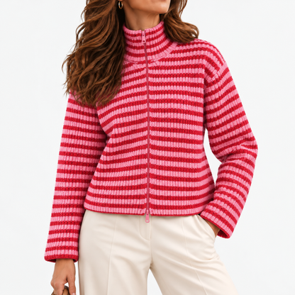 Jocelyn Relaxed Fit Striped Zip Cardigan — Red | Emory & Blanc