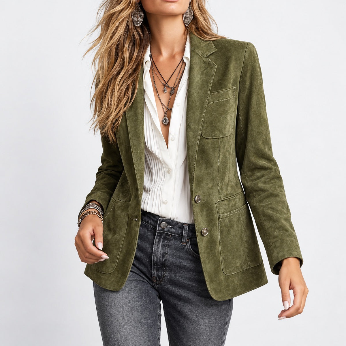 Joelle Notched Lapel Patch Pocket Blazer — Army Green | Emory & Blanc