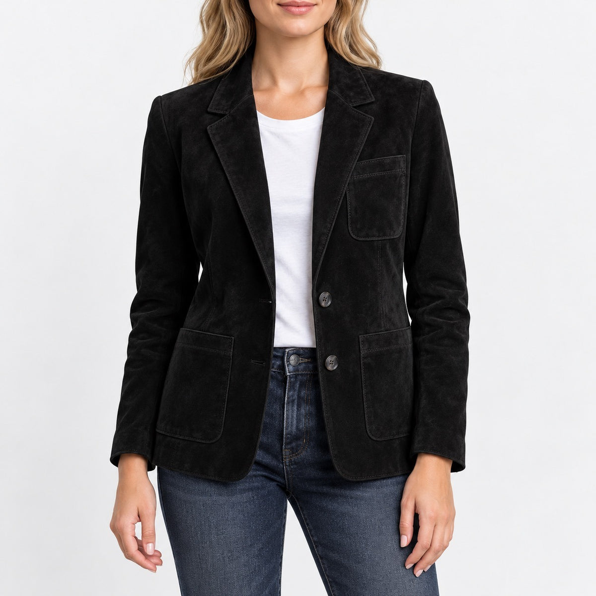 Joelle Notched Lapel Patch Pocket Blazer — Black | Emory & Blanc