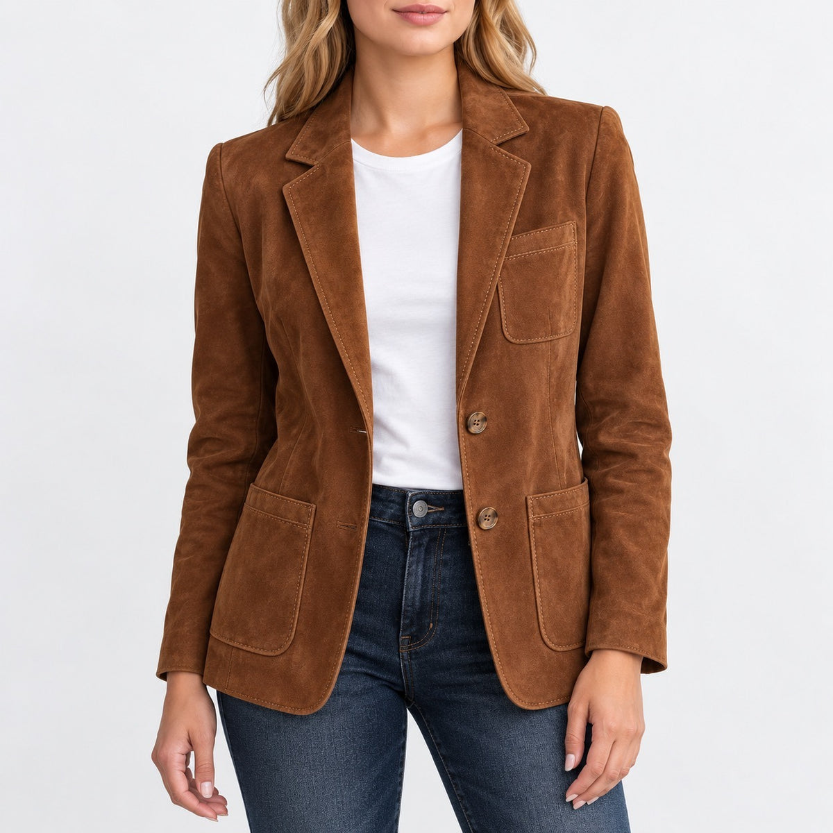 Joelle Notched Lapel Patch Pocket Blazer — Cognac Brown | Emory & Blanc