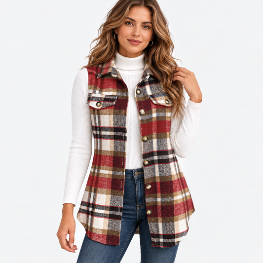 Kirsten Soft Plaid Longline Vest — Red Plaid | Emory & Blanc