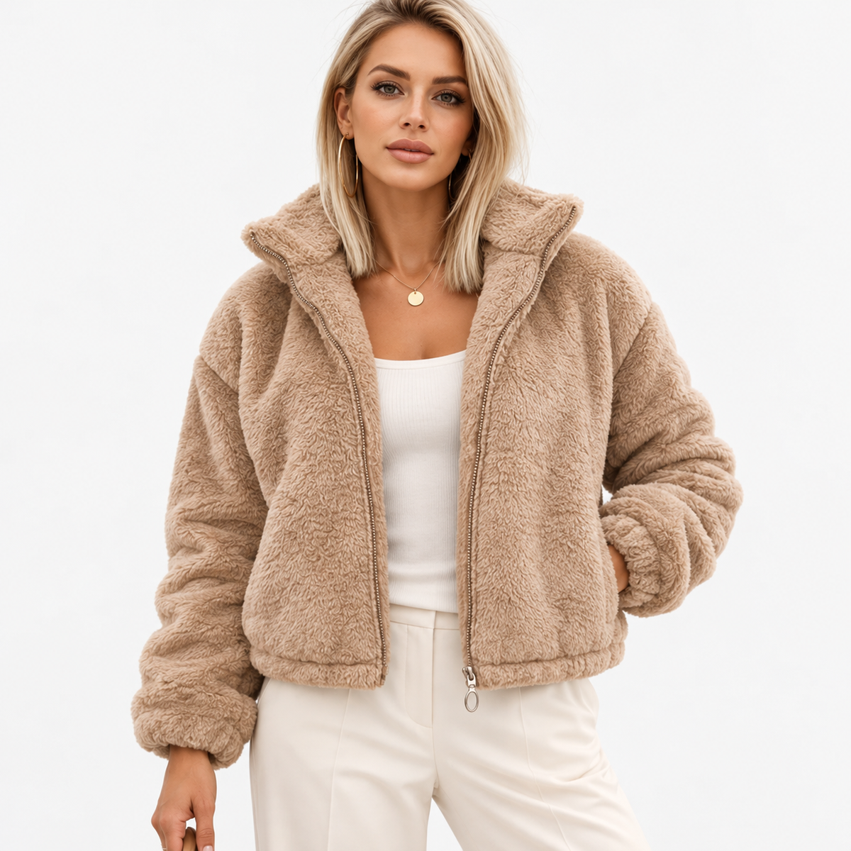 Larissa Stretch Zip-Up Jacket — Beige | Emory & Blanc